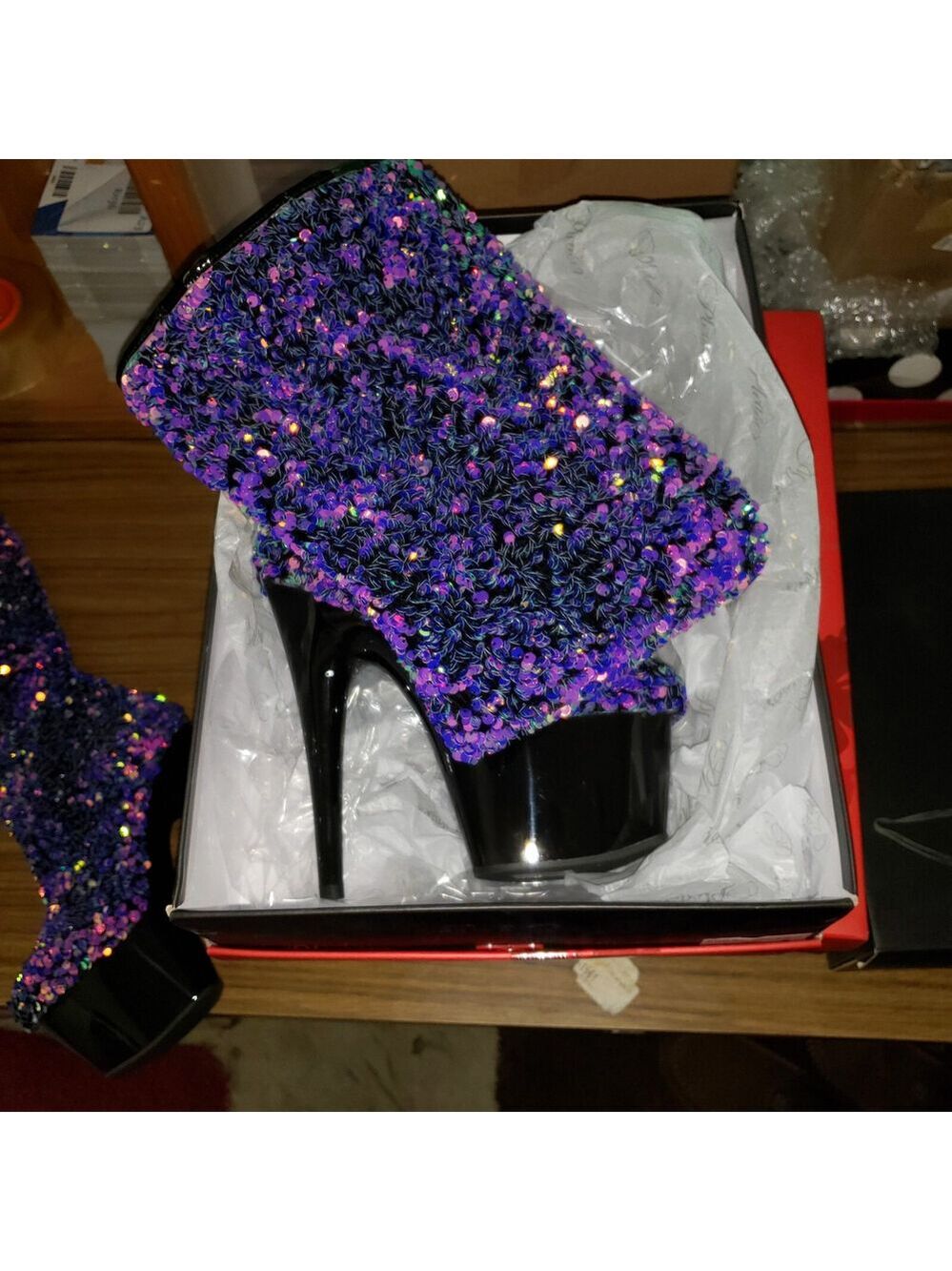 NIB Adore 3020 Purple Multi Sequin High Heel Platform Thigh High Boots - Picture 14 of 14